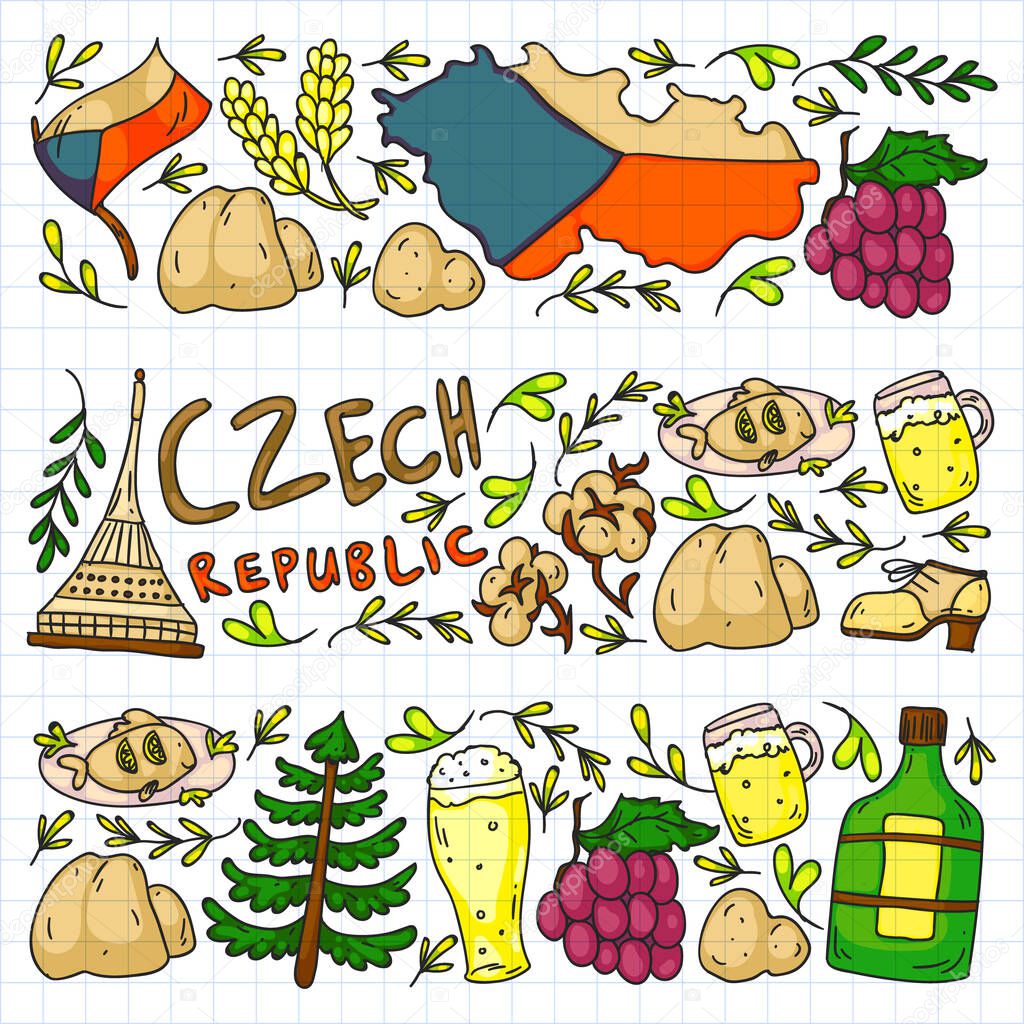 Vector icons and symbols. Czech Republic illustrations for banners, posters, background.