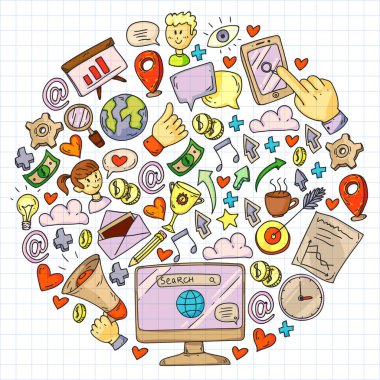 Dijital pazarlama, sosyal medya, iletişim, yönetim. Arka plan afiş için.