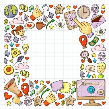 Dijital pazarlama, sosyal medya, iletişim, yönetim. Arka plan afiş için.