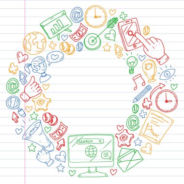 Dijital pazarlama, sosyal medya, iletişim, yönetim. Arka plan afiş için.