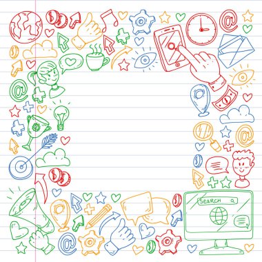 Dijital pazarlama, sosyal medya, iletişim, yönetim. Arka plan afiş için.