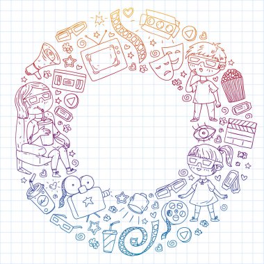 Sinema, TV, patlamış mısır ve video kliplerinin sinema simgeleriyle vektör deseni.