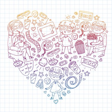 Sinema, TV, patlamış mısır ve video kliplerinin sinema simgeleriyle vektör deseni.