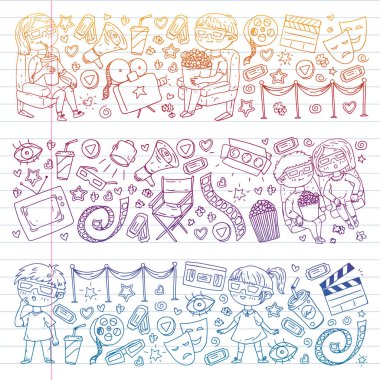 Sinema, televizyon, patlamış mısır ve video kliplerin ikonlarıyla vektör deseni. Anaokulu ve okul çocukları film izliyor..