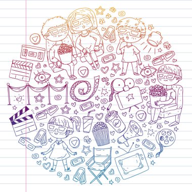 Sinema, televizyon, patlamış mısır ve video kliplerin ikonlarıyla vektör deseni. Anaokulu ve okul çocukları film izliyor..