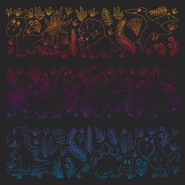 Dinozorlar, dinozorlar. Vektör desenli çocuklar kumaş, tekstil, çocuk odası duvar kağıdı. Çocuklar için İllüstrasyon.