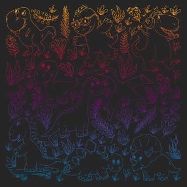 Dinozorlar, dinozorlar. Vektör desenli çocuklar kumaş, tekstil, çocuk odası duvar kağıdı. Çocuklar için İllüstrasyon.