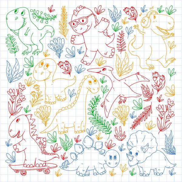 Dinozaury, dinozaury. Wektorowy wzór tkaniny dziecięcej, tekstylnej, tapety dziecięcej. Ilustracja dla dzieci. — Wektor stockowy