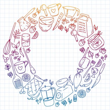 Yemek kursuna. Mutfak eşyaları, tabağını. Yemek ve mutfak simgeler.