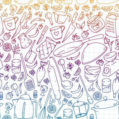 Yemek kursuna. Mutfak eşyaları, tabağını. Yemek ve mutfak simgeler.