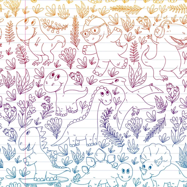 Motif tissu enfants, textile, papier peint de pépinière. Illustration vectorielle. Dinosaures dessinés à la main, dino pour petits enfants . — Image vectorielle