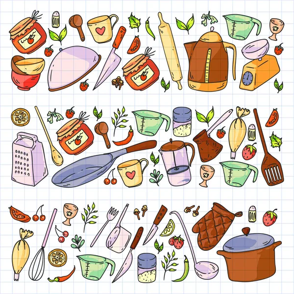 Yemek kursuna. Mutfak eşyaları, tabağını. Yemek ve mutfak simgeler. — Stok Vektör