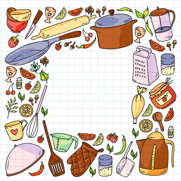 Clase de cocina. Utensilios de cocina, utencils. Iconos de comida y cocina . — Vector de stock