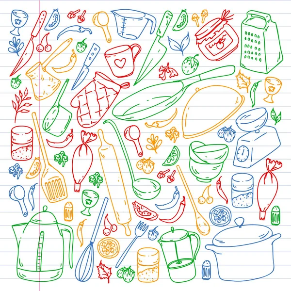 Clase de cocina. Utensilios de cocina, utencils. Iconos de comida y cocina . — Vector de stock