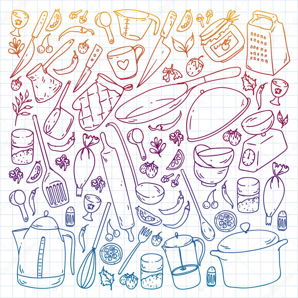 Cooking class. Kitchenware, utencils. Food and kitchen icons.