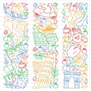 İtalya vektör elemanları ve simgeler. İtalyan kültürü, şehirler Roma, Venedik, Milano, peynir, şarap ile Doodle deseni.