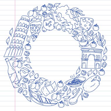 Okula dönüyoruz. Küçük çocuklar için vektör simgeleri ve elemanları, kolej. Doodle tarzı, çocuklar çizim