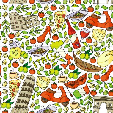İtalya vektör elemanları ve simgeler. İtalyan kültürü, şehirler Roma, Venedik, Milano, peynir, şarap ile Doodle deseni.