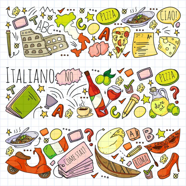 イタリア語学習。イタリアのアイコンや国のシンボルを持つベクトルパターン. — ストックベクタ