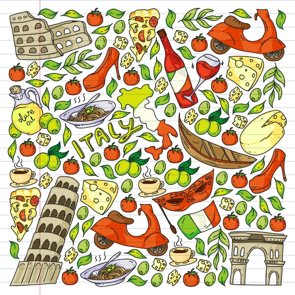 Italia elementi vettoriali e icone. Schema Doodle con cultura italiana, città Roma, Venezia, Milano, formaggio, vino . — Vettoriale Stock