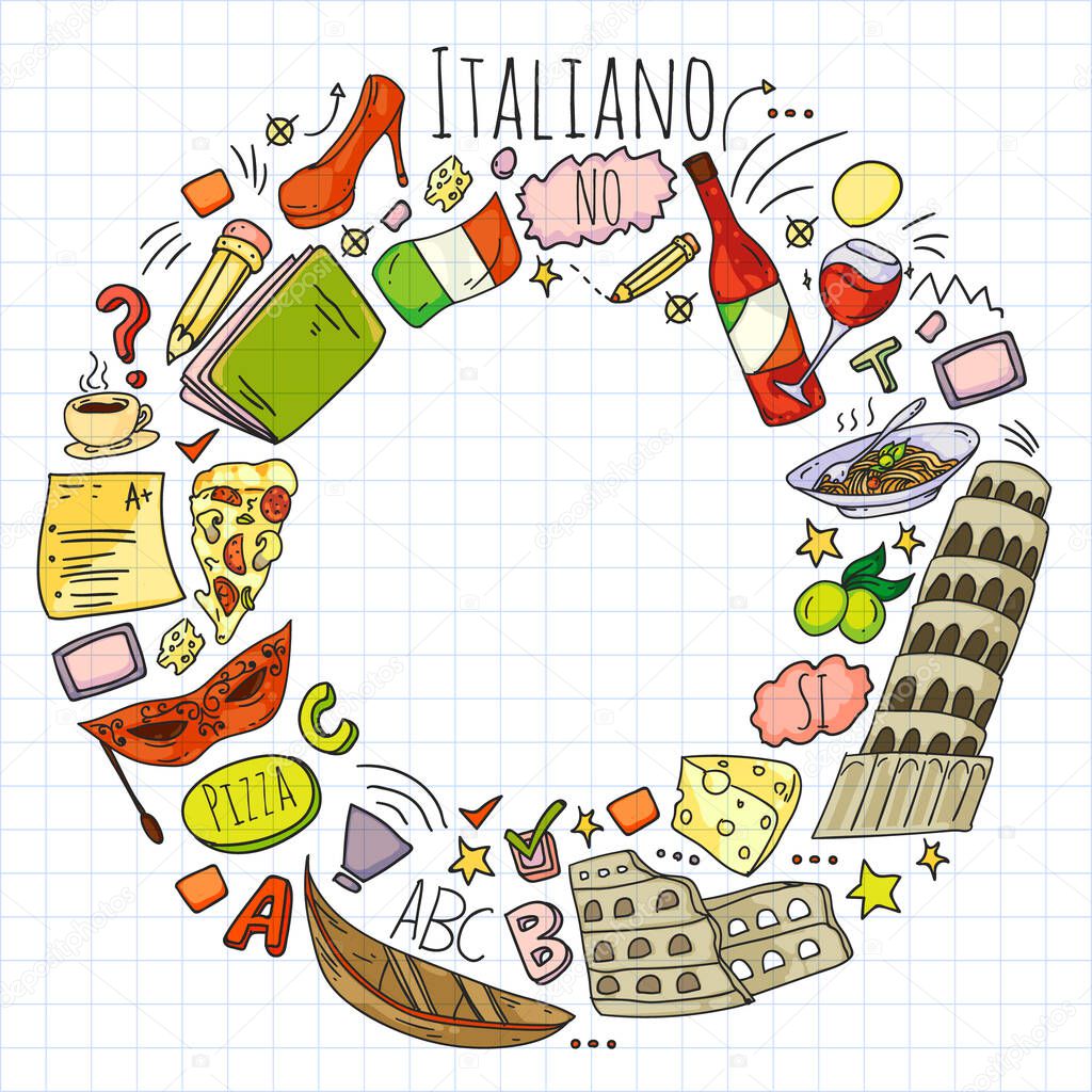 Italian language learning. Vector pattern with icons and national symbols of Italy.