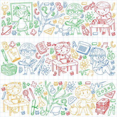 Okula dönüyoruz. Küçük çocuklar için vektör simgeleri ve elemanları, kolej. Doodle tarzı, çocuklar çizim