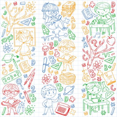 Okula dönüyoruz. Küçük çocuklar için vektör simgeleri ve elemanları, kolej. Doodle tarzı, çocuklar çizim