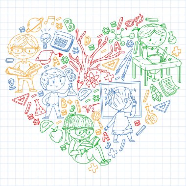 Okula dönüyoruz. Küçük çocuklar için vektör simgeleri ve elemanları, kolej. Doodle tarzı, çocuklar çizim