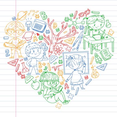 Okula dönüyoruz. Küçük çocuklar için vektör simgeleri ve elemanları, kolej. Doodle tarzı, çocuklar çizim