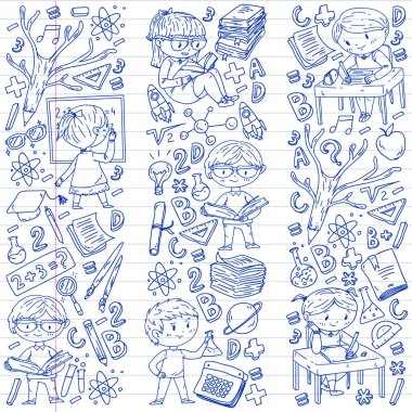 Okula dönüyoruz. Küçük çocuklar için vektör simgeleri ve elemanları, kolej. Doodle tarzı, çocuklar çizim