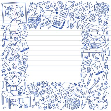 Okula dönüyoruz. Küçük çocuklar için vektör simgeleri ve elemanları, kolej. Doodle tarzı, çocuklar çizim