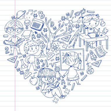 Okula dönüyoruz. Küçük çocuklar için vektör simgeleri ve elemanları, kolej. Doodle tarzı, çocuklar çizim