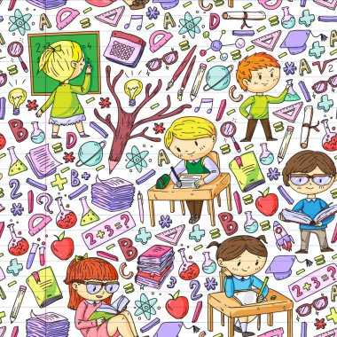 Okula dönüyoruz. Küçük çocuklar için vektör simgeleri ve elemanları, kolej. Doodle tarzı, çocuklar çizim