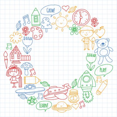 Vektör simgeleri ve öğeleri. Anaokulu, oyuncaklar. Küçük çocuklar oynamak, öğrenmek, birlikte büyümek.