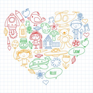 Vektör simgeleri ve öğeleri. Anaokulu, oyuncaklar. Küçük çocuklar oynamak, öğrenmek, birlikte büyümek.