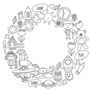 Vektör simgeleri ve öğeleri. Anaokulu, oyuncaklar. Küçük çocuklar oynamak, öğrenmek, birlikte büyümek.