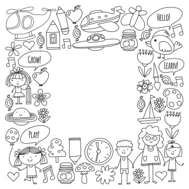 Vektör simgeleri ve öğeleri. Anaokulu, oyuncaklar. Küçük çocuklar oynamak, öğrenmek, birlikte büyümek.