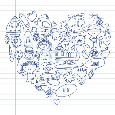 Vektör simgeleri ve öğeleri. Anaokulu, oyuncaklar. Küçük çocuklar oynamak, öğrenmek, birlikte büyümek.