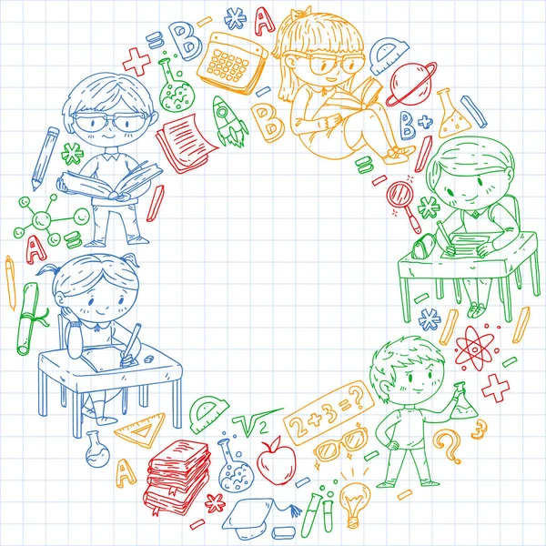 De vuelta a la escuela. Iconos vectoriales y elementos para niños pequeños, la universidad. Estilo Doodle, dibujo de niños — Archivo Imágenes Vectoriales