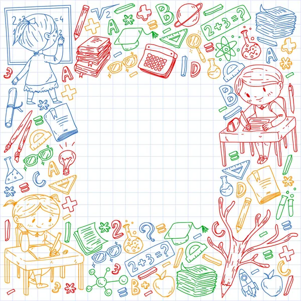 De volta à escola. Ícones vetoriais e elementos para crianças pequenas, faculdade. Doodle estilo, crianças desenho — Vetor de Stock