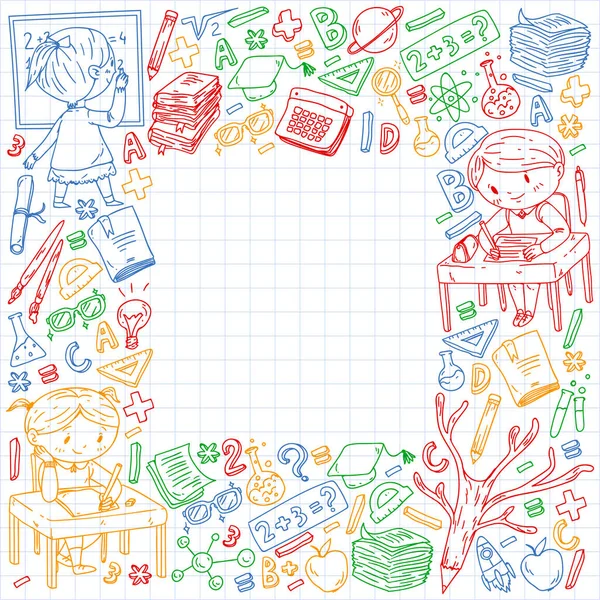 Back to school. Vector icons and elements for little children, college. Doodle style, kids drawing — Stock Vector