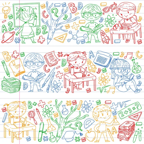 De vuelta a la escuela. Iconos vectoriales y elementos para niños pequeños, la universidad. Estilo Doodle, dibujo de niños — Vector de stock