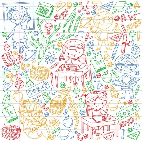 De vuelta a la escuela. Iconos vectoriales y elementos para niños pequeños, la universidad. Estilo Doodle, dibujo de niños — Archivo Imágenes Vectoriales