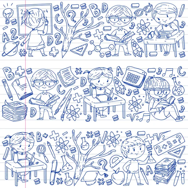 Je retourne à l'école. Icônes vectorielles et des éléments pour les petits enfants, collège. Doodle style, dessin pour enfants — Image vectorielle