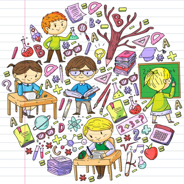 De volta à escola. Ícones vetoriais e elementos para crianças pequenas, faculdade. Doodle estilo, crianças desenho — Vetor de Stock