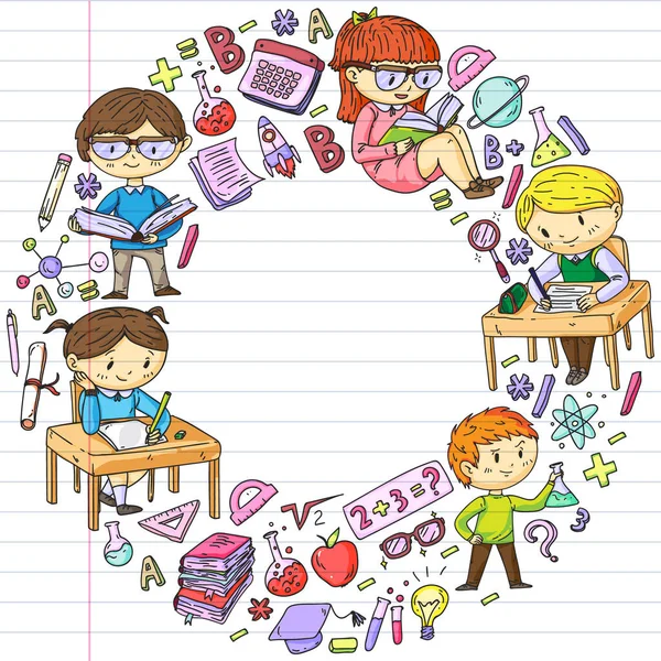 De volta à escola. Ícones vetoriais e elementos para crianças pequenas, faculdade. Doodle estilo, crianças desenho —  Vetores de Stock