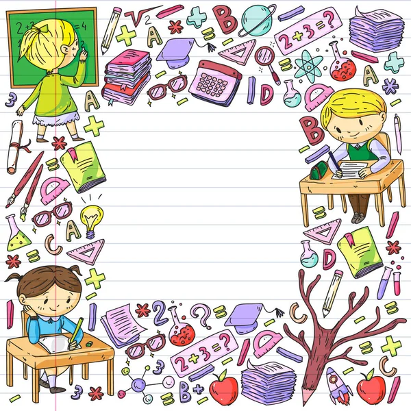 De vuelta a la escuela. Iconos vectoriales y elementos para niños pequeños, la universidad. Estilo Doodle, dibujo de niños — Archivo Imágenes Vectoriales