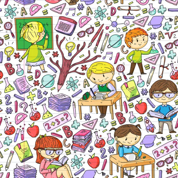 Torniamo a scuola. Icone vettoriali ed elementi per bambini piccoli, college. Stile Doodle, disegno per bambini — Vettoriale Stock