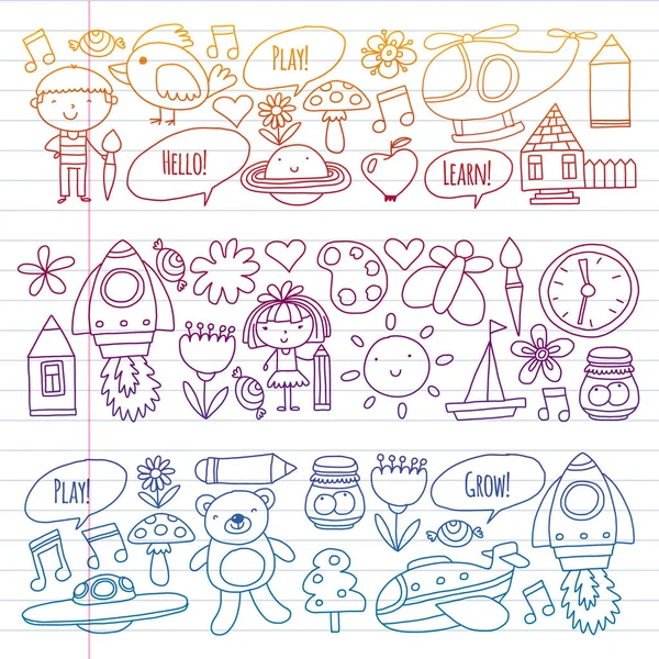 Vector icons and elements. Kindergarten, toys. Little children play, learn, grow together. — Stock Vector