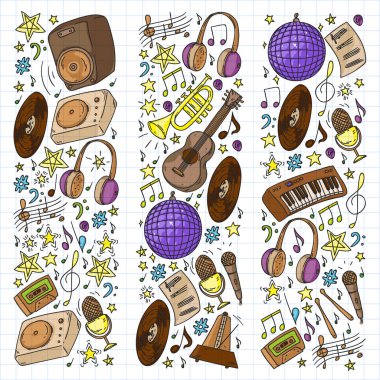 Online müzik eğitimi. Posterler ve afişler için müzikal model. Festival, karaoke, disko, rock.